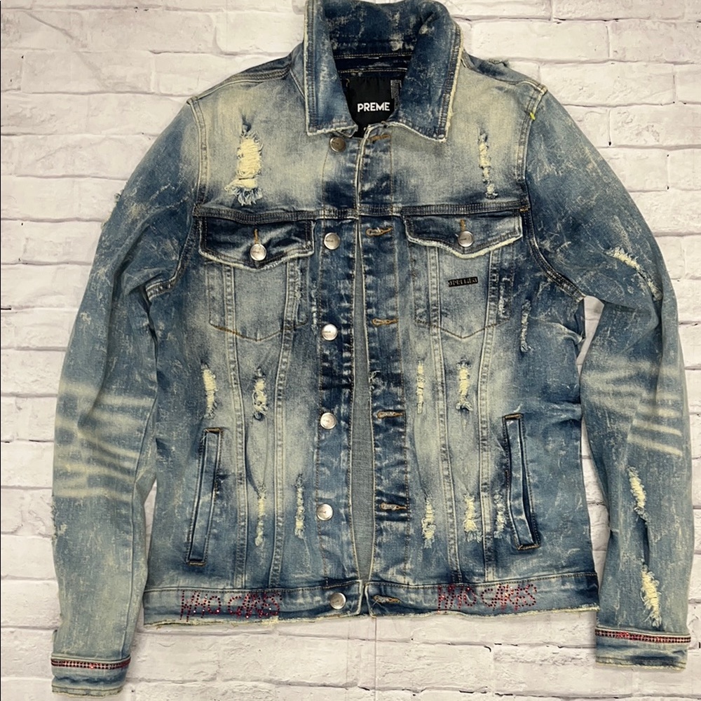 Preme Light Blue Distressed Denim red rhimestone Jacket